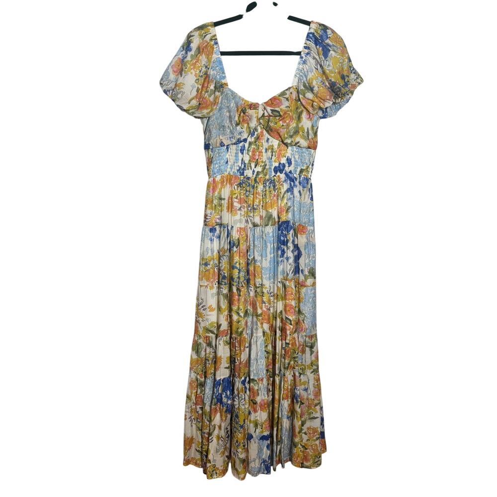 THML Milkmaid Cottagecore Wedding Guest Maxi Dress Women M Floral Orange Blue
